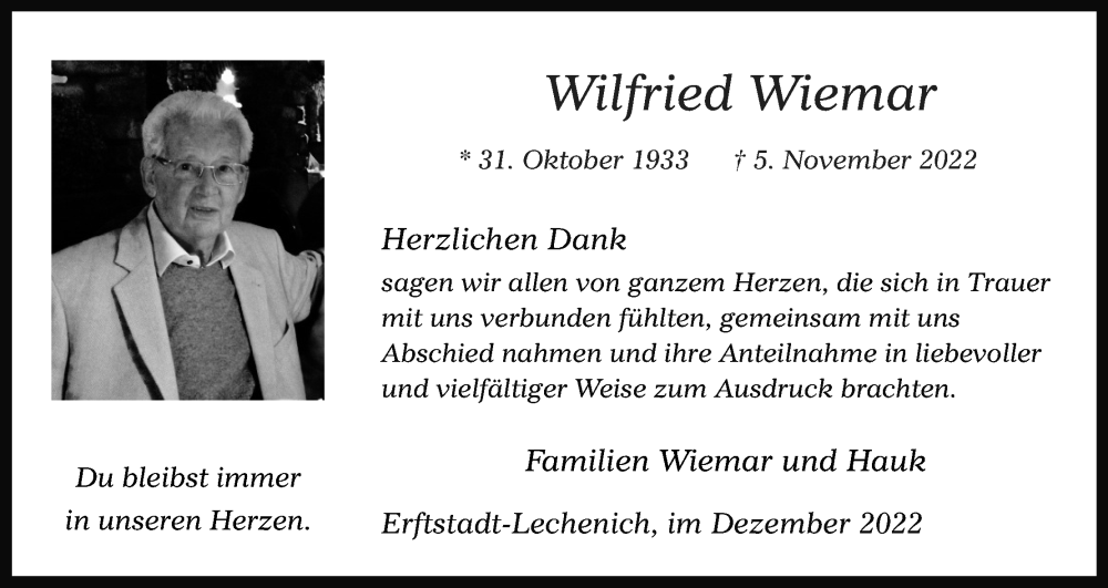 Traueranzeige für Wilfried Wiemar vom 10.12.2022 aus Kölner Stadt-Anzeiger / Kölnische Rundschau / Express