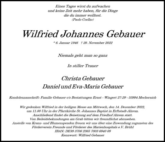 Anzeige von Wilfried Johannes Gebauer von  Werbepost 