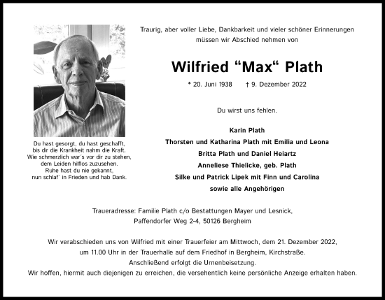 Anzeige von Wilfried Max Plath von Kölner Stadt-Anzeiger / Kölnische Rundschau / Express