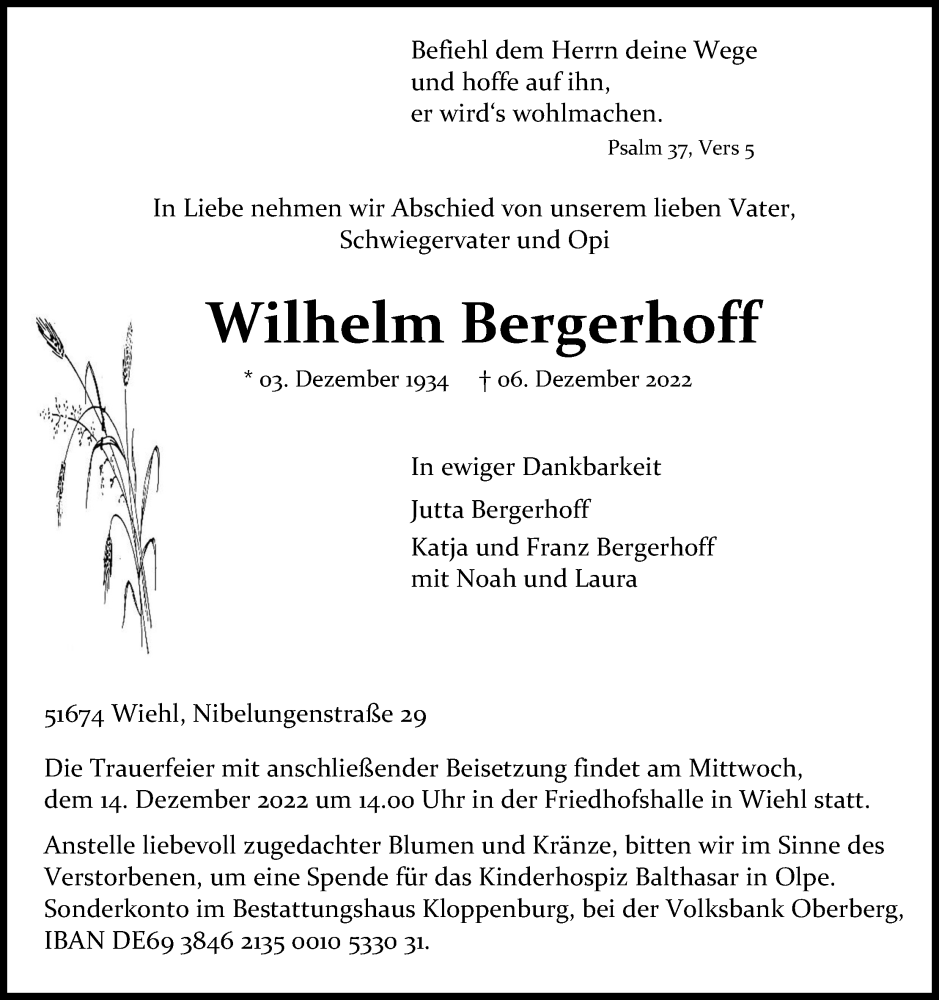  Traueranzeige für Wilhelm Bergerhoff vom 10.12.2022 aus Kölner Stadt-Anzeiger / Kölnische Rundschau / Express