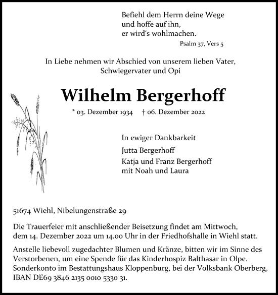 Anzeige von Wilhelm Bergerhoff von Kölner Stadt-Anzeiger / Kölnische Rundschau / Express