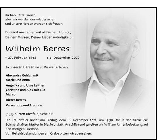 Anzeige von Wilhelm Berres von Kölner Stadt-Anzeiger / Kölnische Rundschau / Express