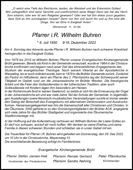 Anzeige von Wilhelm Buhren von Kölner Stadt-Anzeiger / Kölnische Rundschau / Express