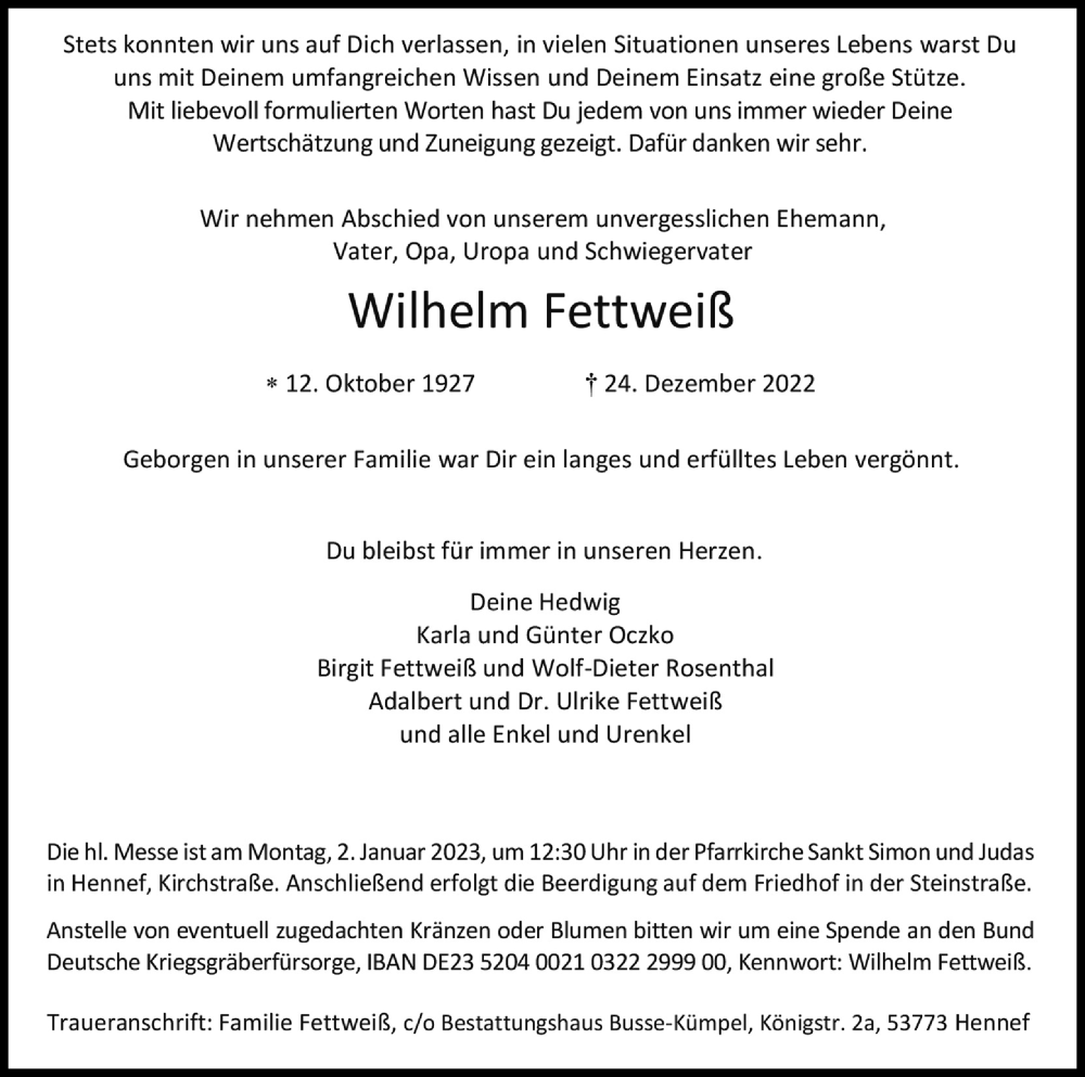  Traueranzeige für Wilhelm Fettweiß vom 31.12.2022 aus Kölner Stadt-Anzeiger / Kölnische Rundschau / Express