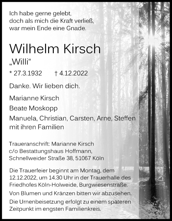 Anzeige von Wilhelm Kirsch von Kölner Stadt-Anzeiger / Kölnische Rundschau / Express
