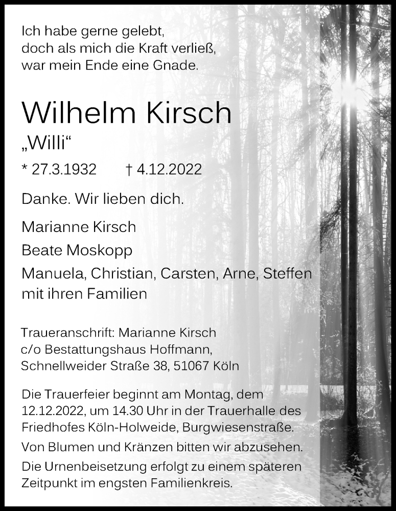 Traueranzeige für Wilhelm Kirsch vom 07.12.2022 aus Kölner Stadt-Anzeiger / Kölnische Rundschau / Express