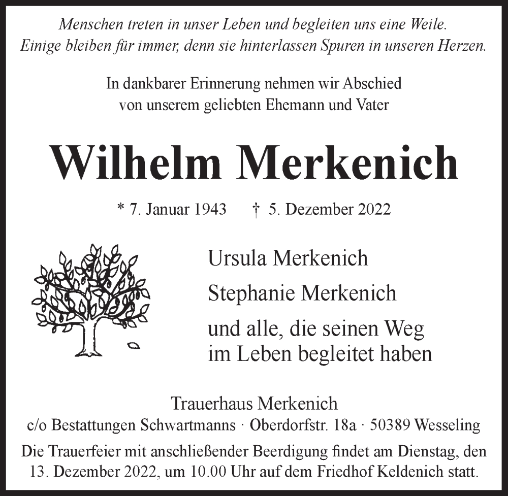  Traueranzeige für Wilhelm Merkenich vom 09.12.2022 aus  Schlossbote/Werbekurier 