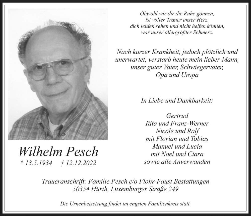  Traueranzeige für Wilhelm Pesch vom 29.12.2022 aus  Wochenende 