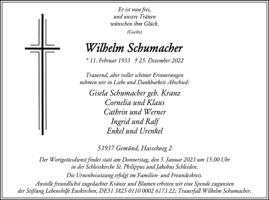 Anzeige von Wilhelm Schumacher von Kölner Stadt-Anzeiger / Kölnische Rundschau / Express