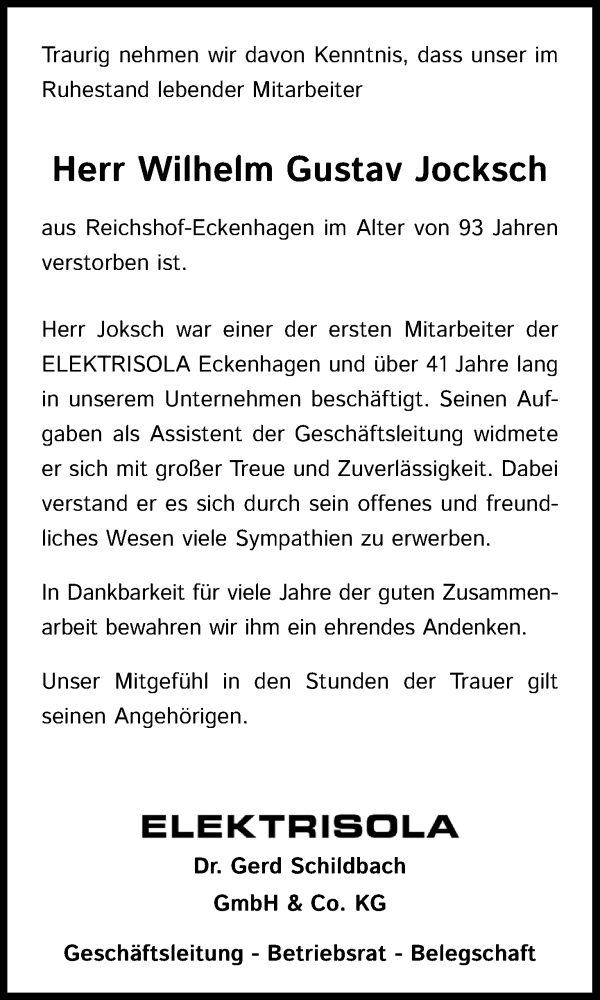  Traueranzeige für Wilhelm Gustav Jocksch vom 15.12.2022 aus Kölner Stadt-Anzeiger / Kölnische Rundschau / Express