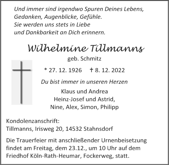 Anzeige von Wilhelmine Tillmanns von  EXPRESS - Die Woche 