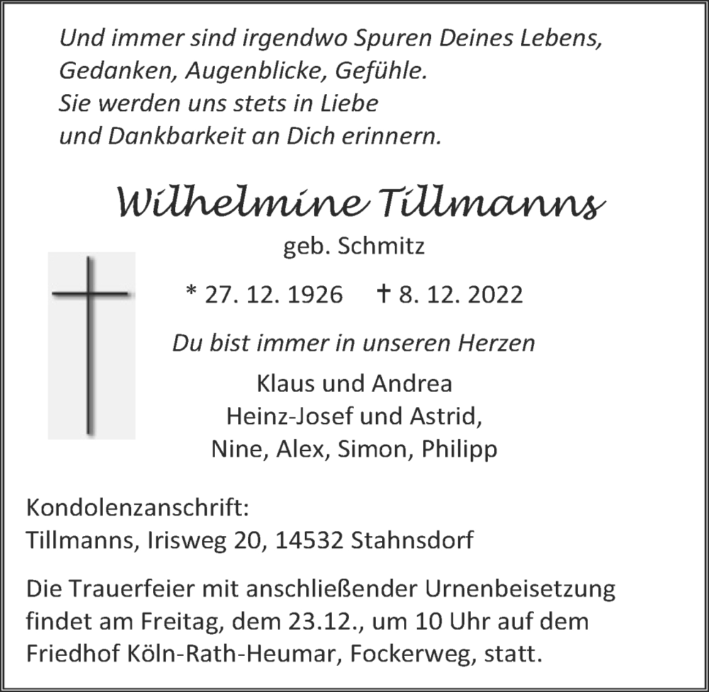  Traueranzeige für Wilhelmine Tillmanns vom 16.12.2022 aus  EXPRESS - Die Woche 