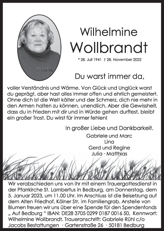 Anzeige von Wilhelmine Wollbrandt von  Werbepost 