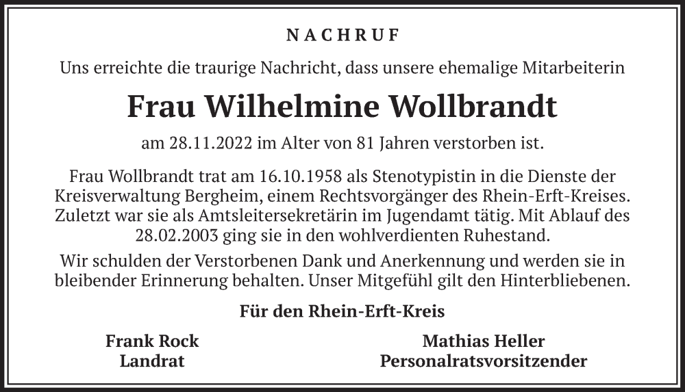  Traueranzeige für Wilhelmine Wollbrandt vom 29.12.2022 aus  Wochenende  Schlossbote/Werbekurier  Werbepost 