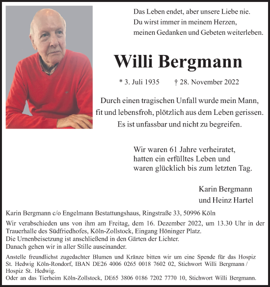 Anzeige von Willi Bergmann von Kölner Stadt-Anzeiger / Kölnische Rundschau / Express
