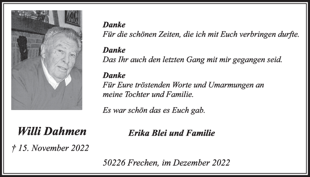  Traueranzeige für Willi Dahmen vom 29.12.2022 aus  Werbepost 
