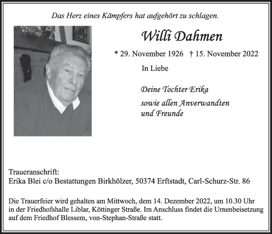 Anzeige von Willi Dahmen von  Werbepost 