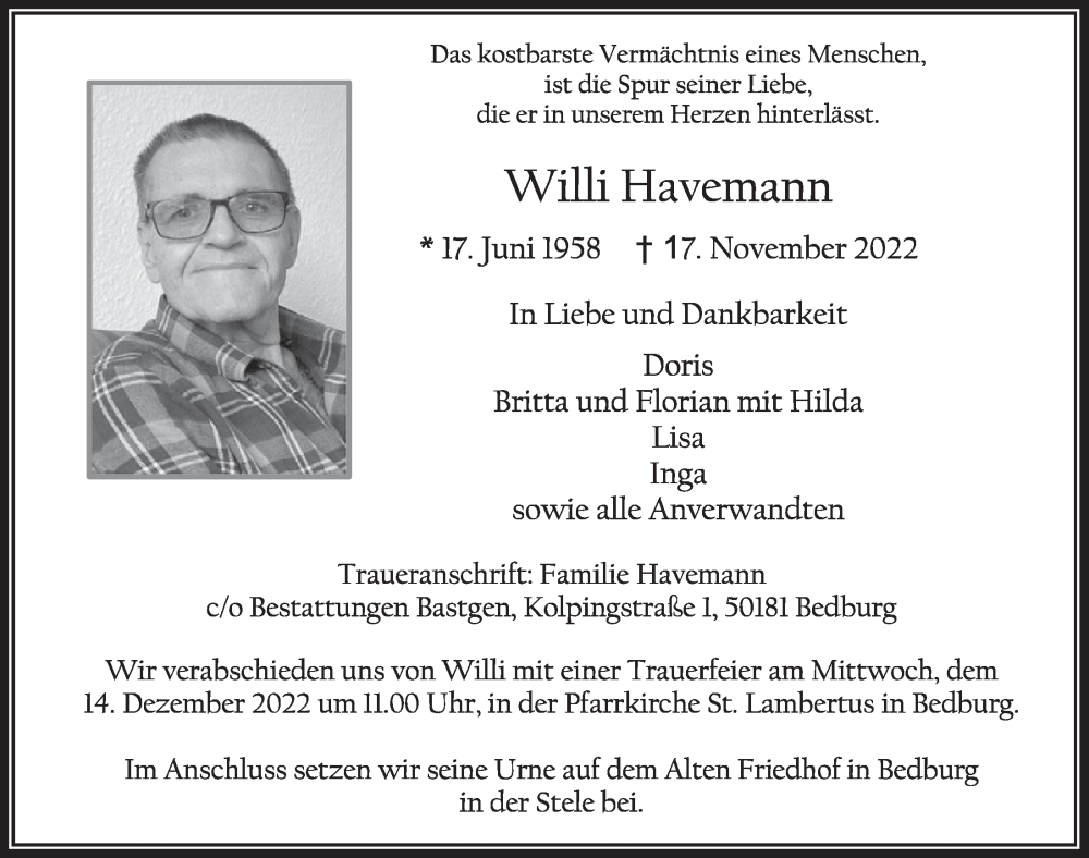  Traueranzeige für Willi Havemann vom 09.12.2022 aus  Werbepost 