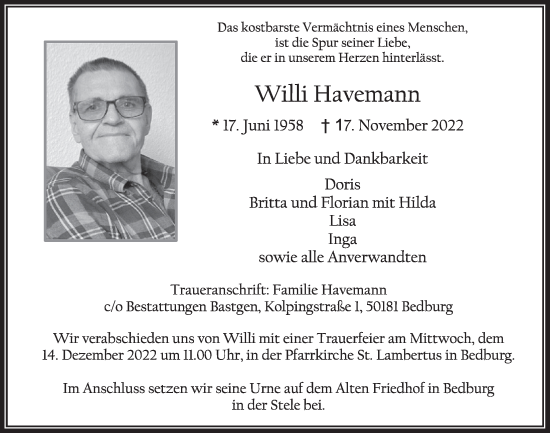 Anzeige von Willi Havemann von  Werbepost 