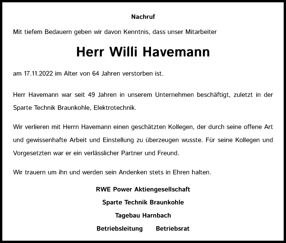  Traueranzeige für Willi Havemann vom 14.12.2022 aus Kölner Stadt-Anzeiger / Kölnische Rundschau / Express