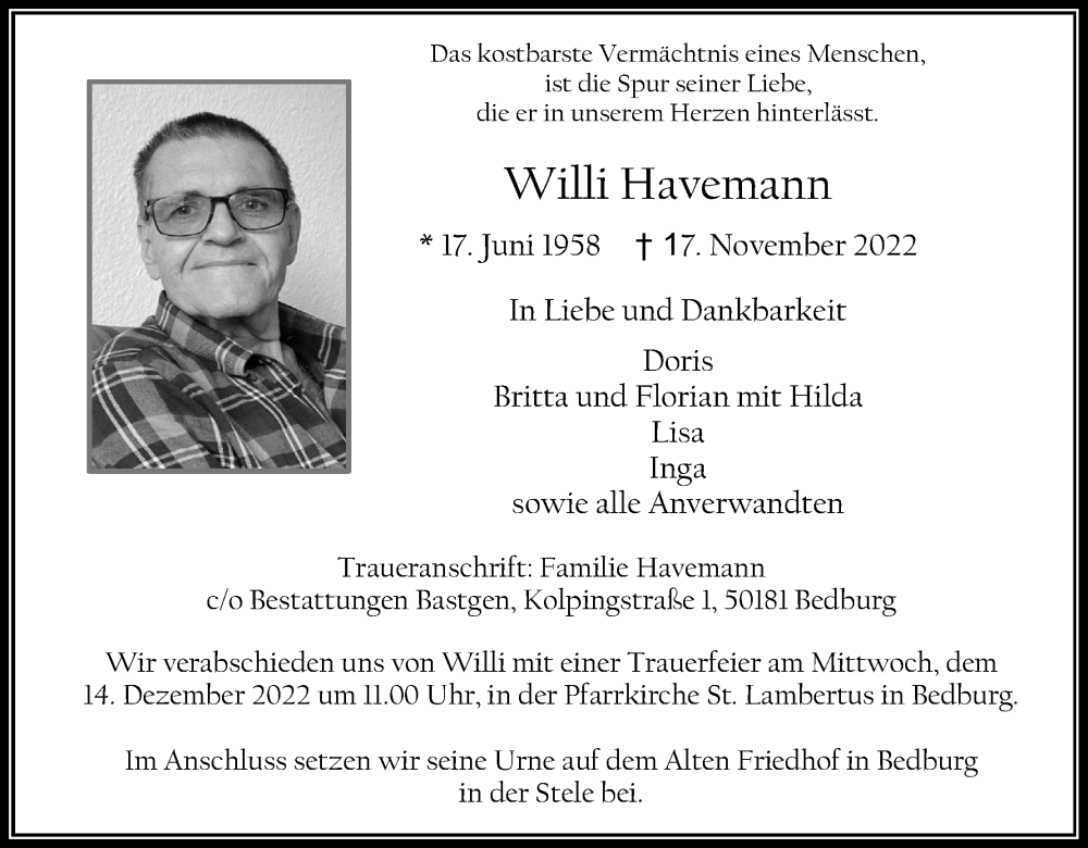  Traueranzeige für Willi Havemann vom 10.12.2022 aus Kölner Stadt-Anzeiger / Kölnische Rundschau / Express