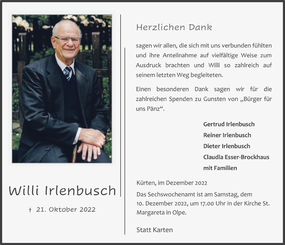  Traueranzeige für Willi Irlenbusch vom 02.12.2022 aus  Bergisches Handelsblatt 