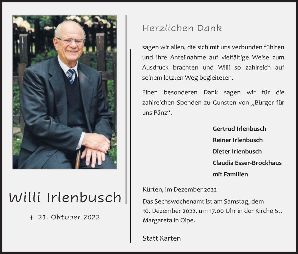  Traueranzeige für Willi Irlenbusch vom 03.12.2022 aus Kölner Stadt-Anzeiger / Kölnische Rundschau / Express
