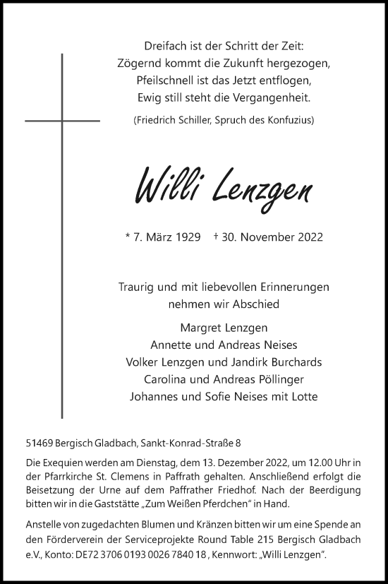 Anzeige von Willi Lenzgen von Kölner Stadt-Anzeiger / Kölnische Rundschau / Express