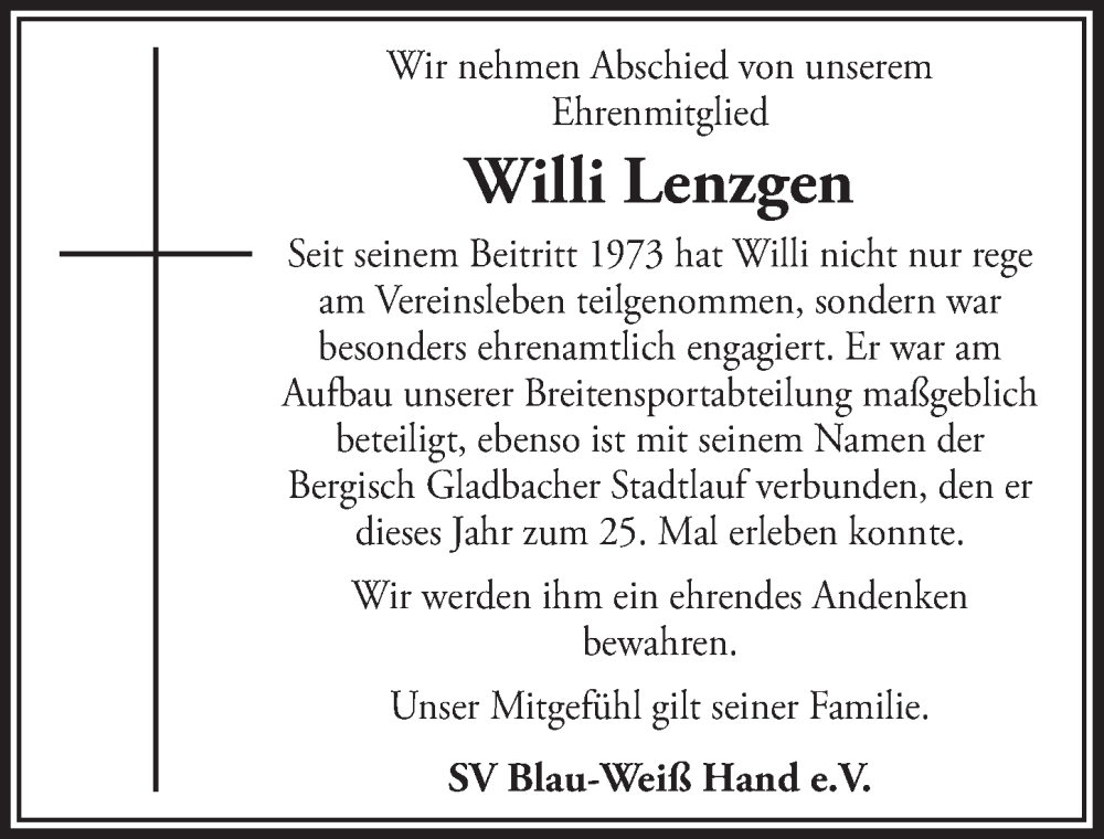  Traueranzeige für Willi Lenzgen vom 16.12.2022 aus  Bergisches Handelsblatt 