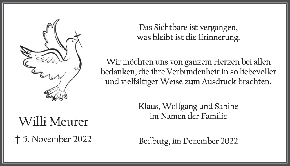  Traueranzeige für Willi Meurer vom 29.12.2022 aus  Werbepost 