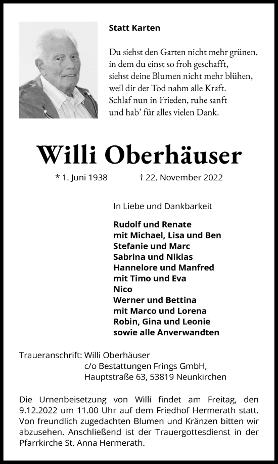 Anzeige von Willi Oberhäuser von Kölner Stadt-Anzeiger / Kölnische Rundschau / Express