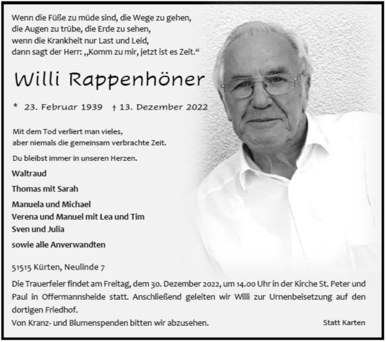 Anzeige von Willi Rappenhöner von Kölner Stadt-Anzeiger / Kölnische Rundschau / Express