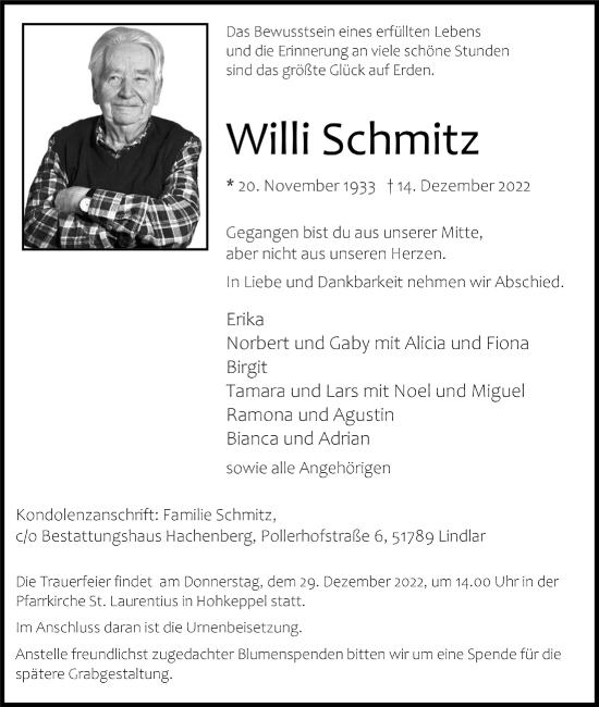 Anzeige von Willi Schmitz von  Bergisches Handelsblatt  Anzeigen Echo 