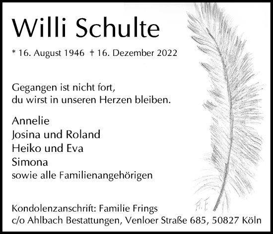 Anzeige von Willi Schulte von Kölner Stadt-Anzeiger / Kölnische Rundschau / Express