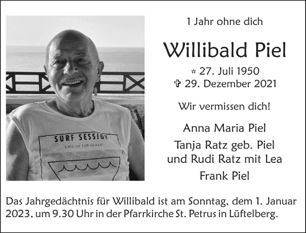  Traueranzeige für Willibald Piel vom 29.12.2022 aus  Schaufenster/Blickpunkt 