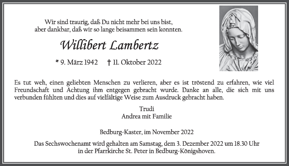  Traueranzeige für Williert Lamertz vom 02.12.2022 aus  Werbepost 
