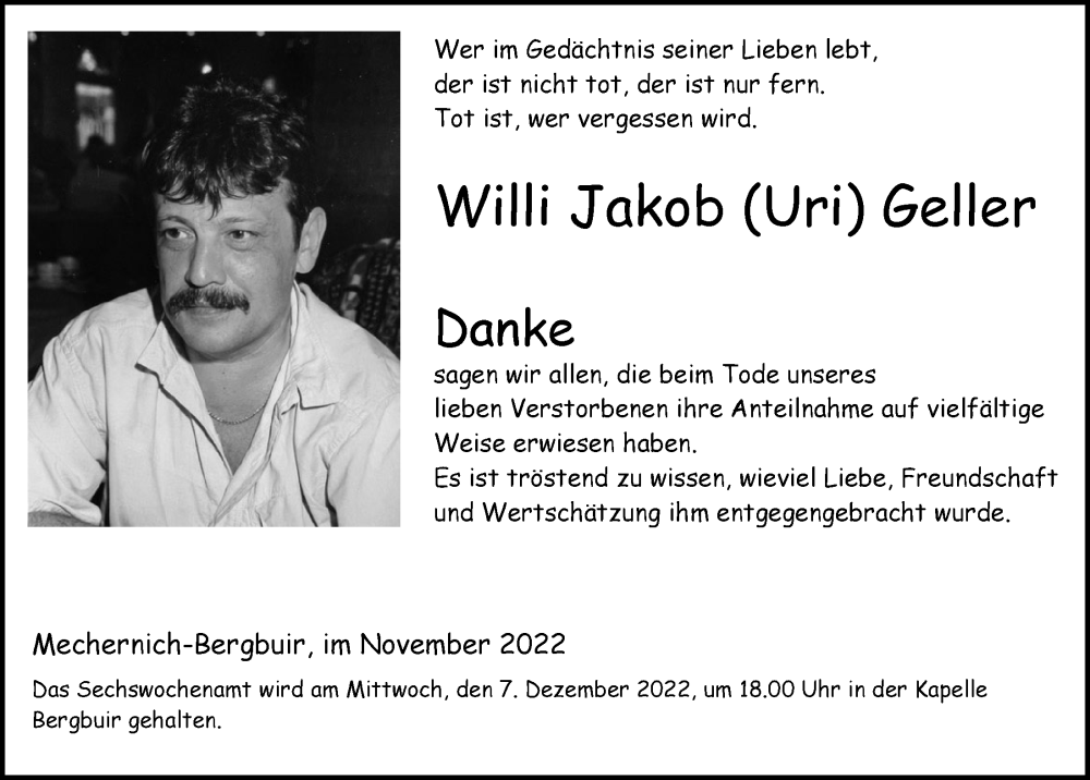  Traueranzeige für Willi Jakob Geller vom 03.12.2022 aus  Blickpunkt Euskirchen 