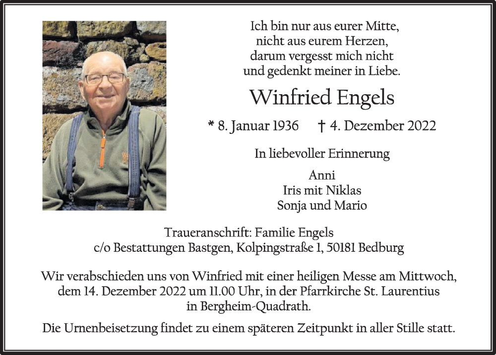  Traueranzeige für Winfried Engels vom 09.12.2022 aus  Werbepost 