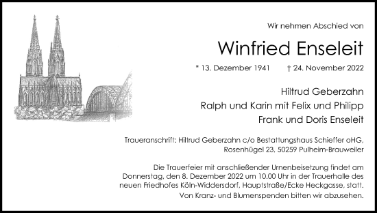Anzeige von Winfried Enseleit von Kölner Stadt-Anzeiger / Kölnische Rundschau / Express