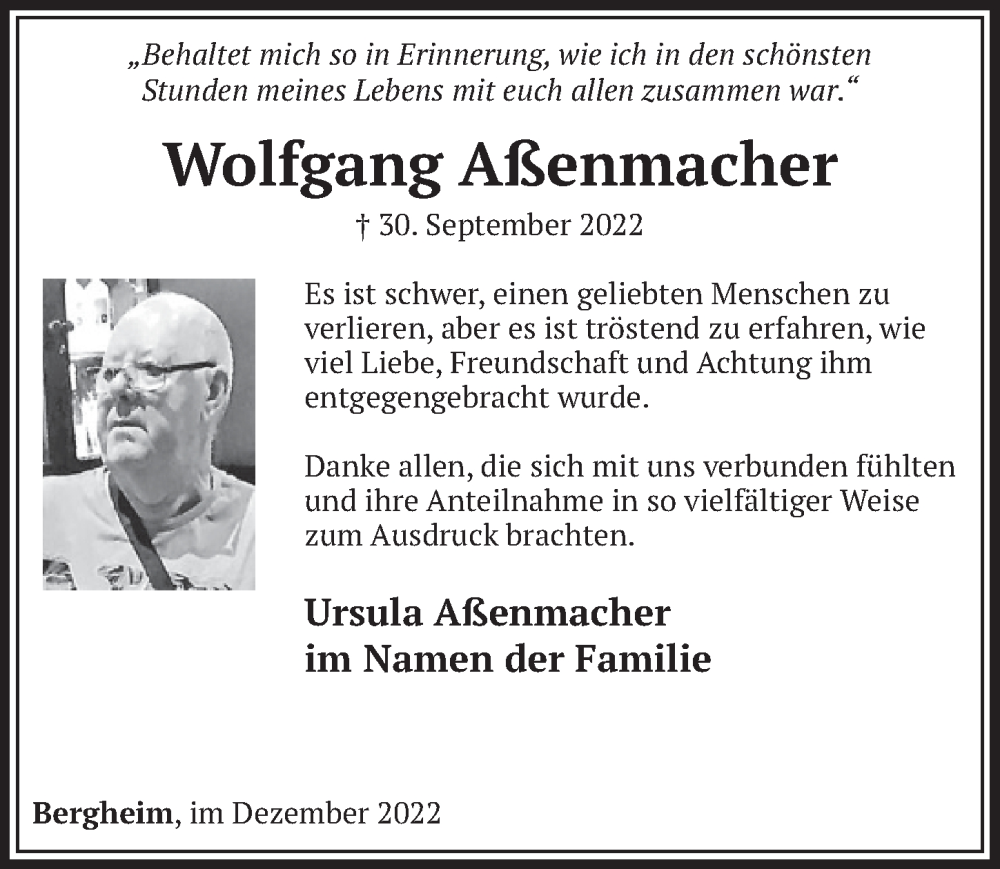  Traueranzeige für Wolfgang Aßenmacher vom 02.12.2022 aus  Werbepost 