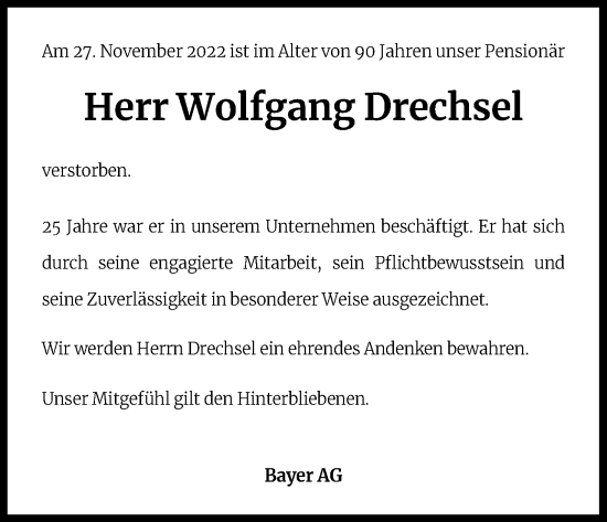 Anzeige von Wolfgang Drechsel von Kölner Stadt-Anzeiger / Kölnische Rundschau / Express