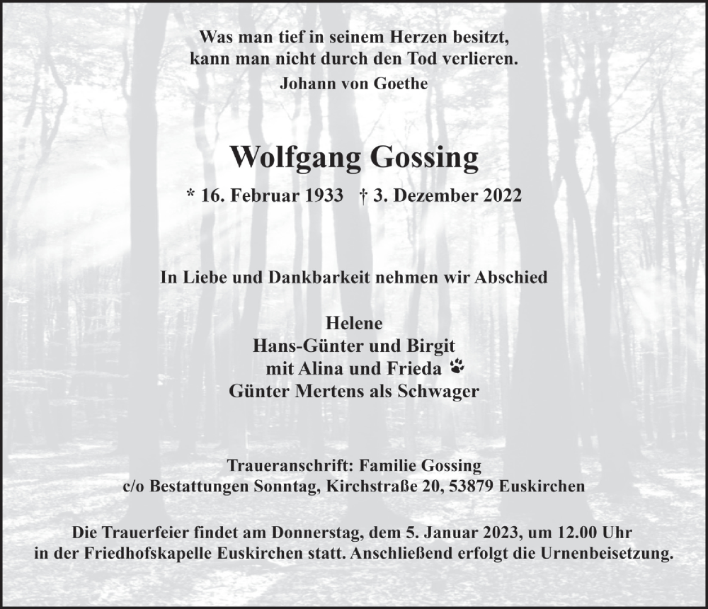  Traueranzeige für Wolfgang Gossing vom 17.12.2022 aus  Blickpunkt Euskirchen 