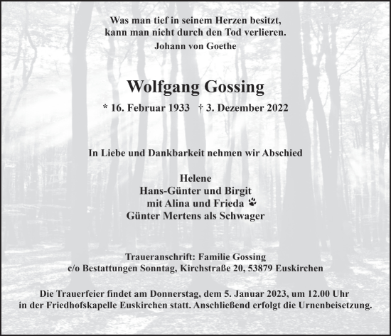 Anzeige von Wolfgang Gossing von  Blickpunkt Euskirchen 