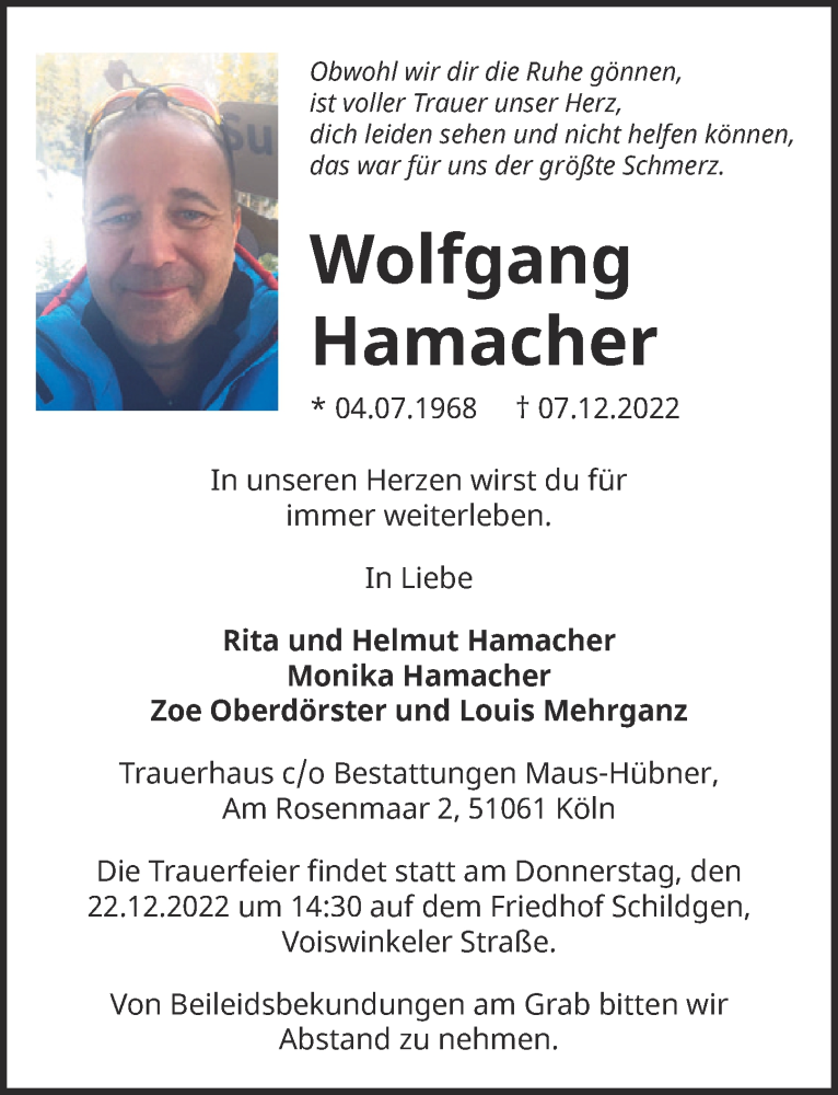  Traueranzeige für Wolfgang Hamacher vom 16.12.2022 aus  Bergisches Handelsblatt 