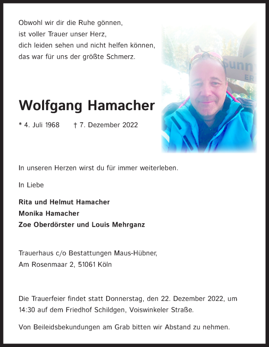 Anzeige von Wolfgang Hamacher von Kölner Stadt-Anzeiger / Kölnische Rundschau / Express