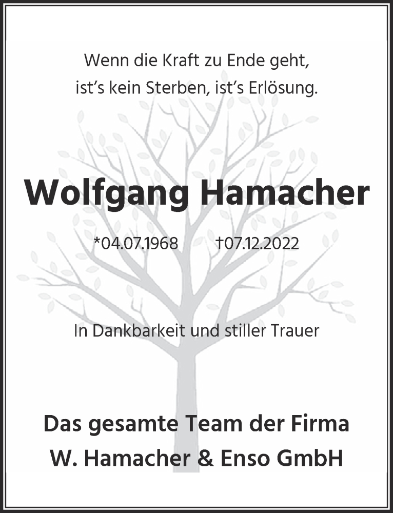  Traueranzeige für Wolfgang Hamacher vom 16.12.2022 aus  Bergisches Handelsblatt 