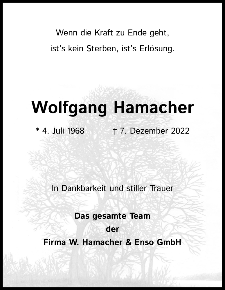  Traueranzeige für Wolfgang Hamacher vom 17.12.2022 aus Kölner Stadt-Anzeiger / Kölnische Rundschau / Express