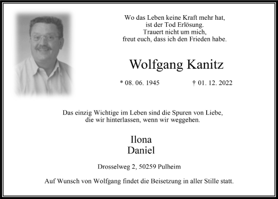 Anzeige von Wolfgang Kanitz von  Wochenende 