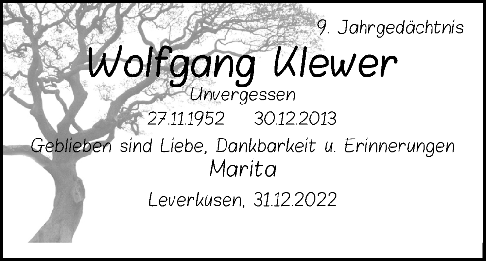  Traueranzeige für Wolfgang Klewer vom 18.07.2023 aus Kölner Stadt-Anzeiger / Kölnische Rundschau / Express