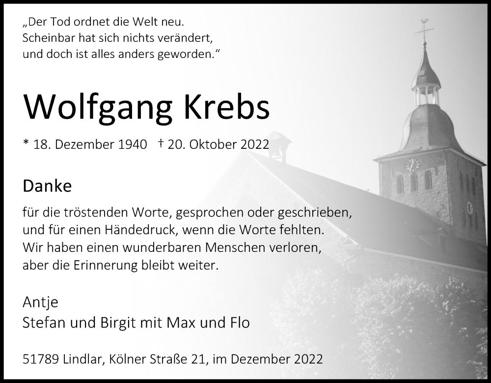  Traueranzeige für Wolfgang Krebs vom 03.12.2022 aus Kölner Stadt-Anzeiger / Kölnische Rundschau / Express